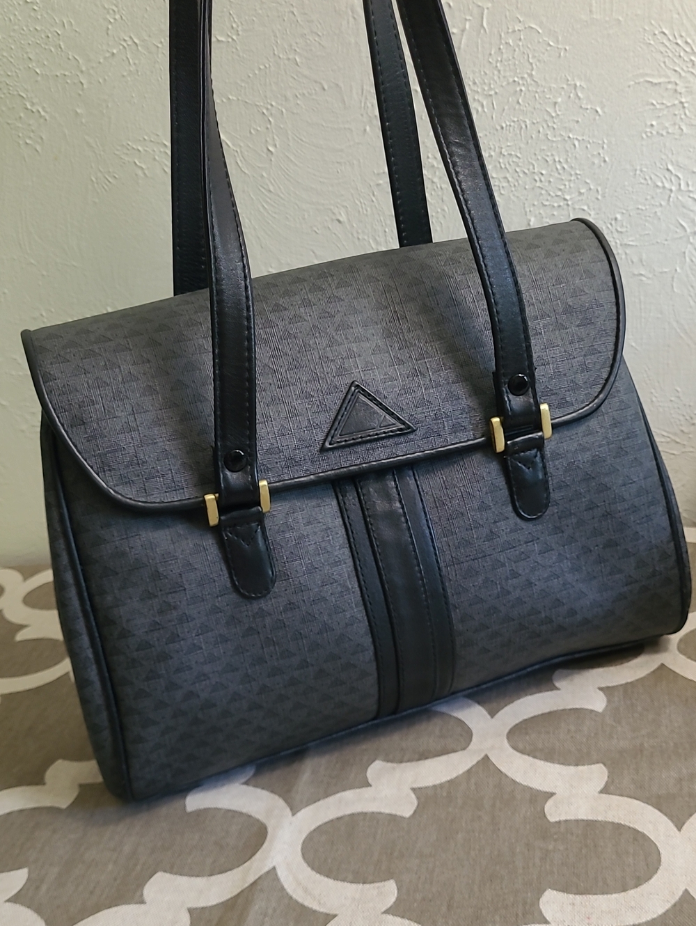 Liz Claiborne 1984 Vtg Gray Satchel Handbag with Black Trim Brass Hardware